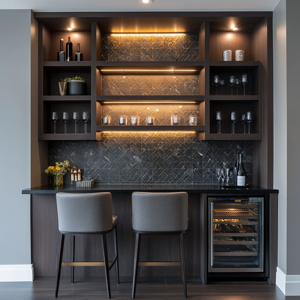 Modern home bar with dark wood shelving geometric backsplash and LED lighting