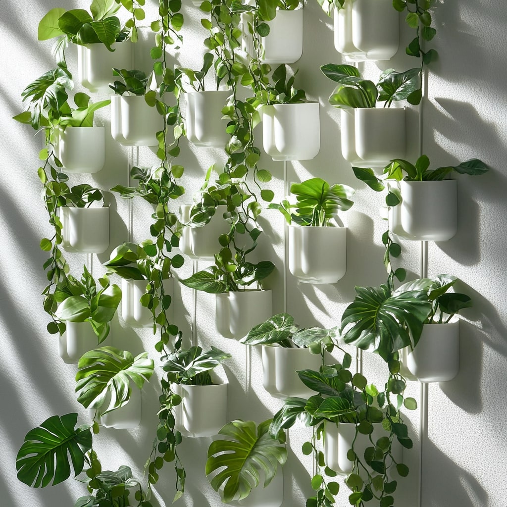 White mounted planters with monstera plants and trailing vines creating living wall