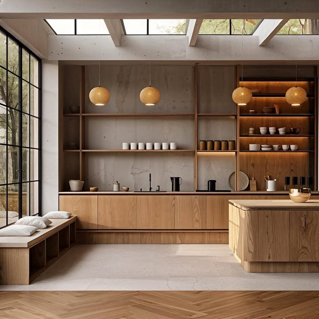 Modern kitchen with skylights and wooden display shelving