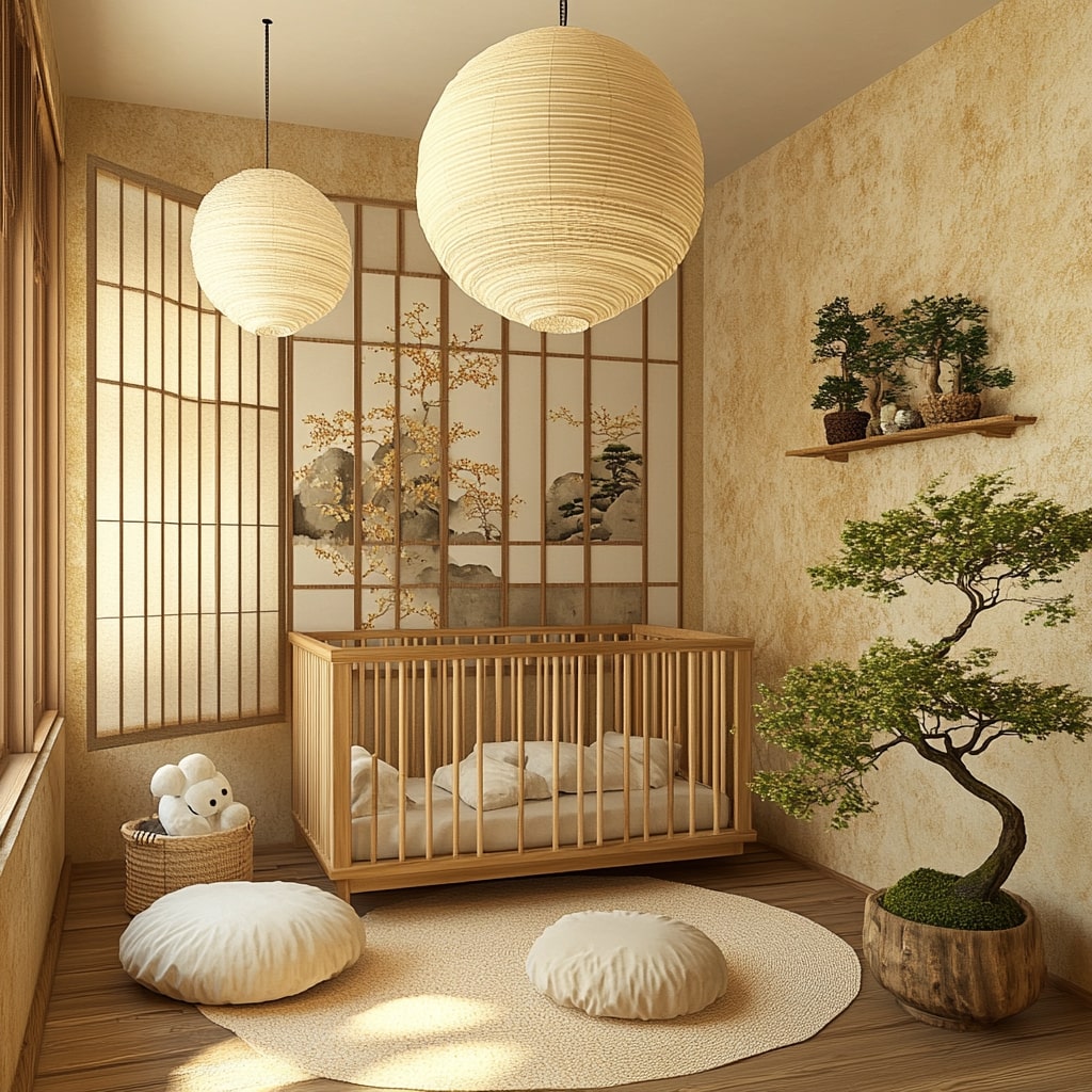  Japanese inspired nursery with paper lanterns wooden crib and bonsai trees