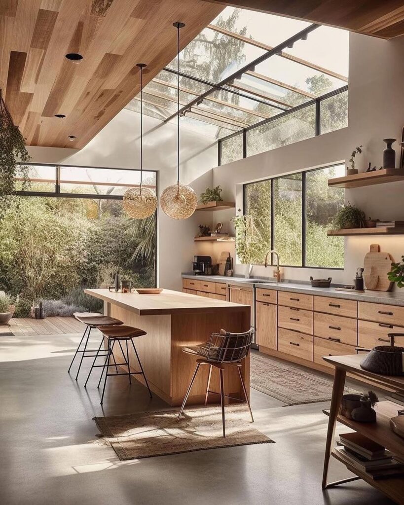 Kitchen with glass ceiling and woven pendant lights overlooking garden