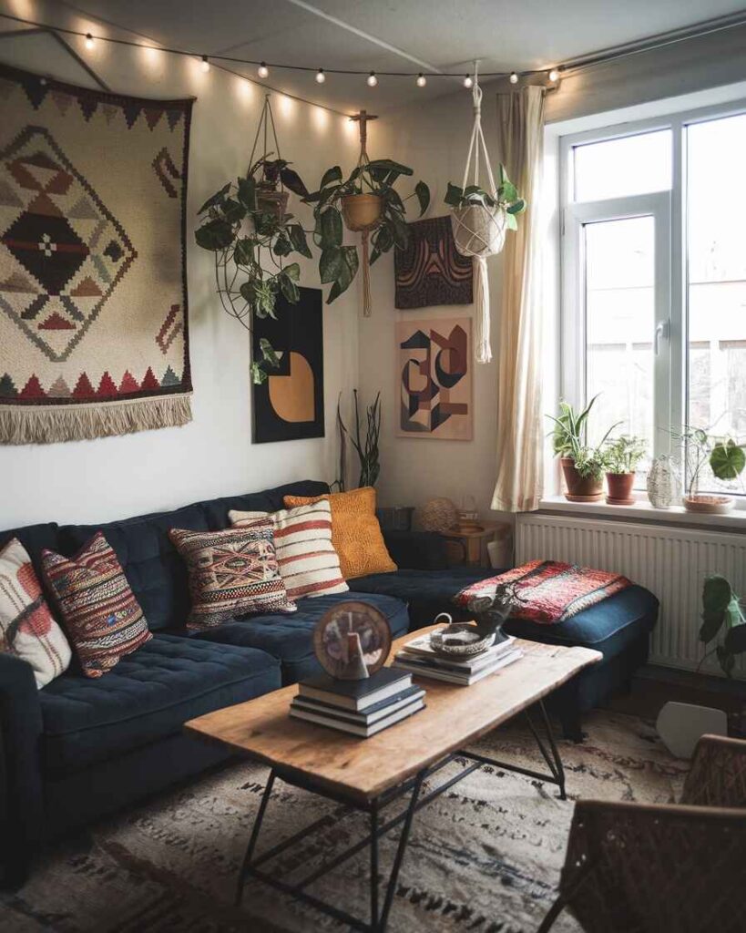 Navy sectional with tribal wall hanging string lights and wooden coffee table