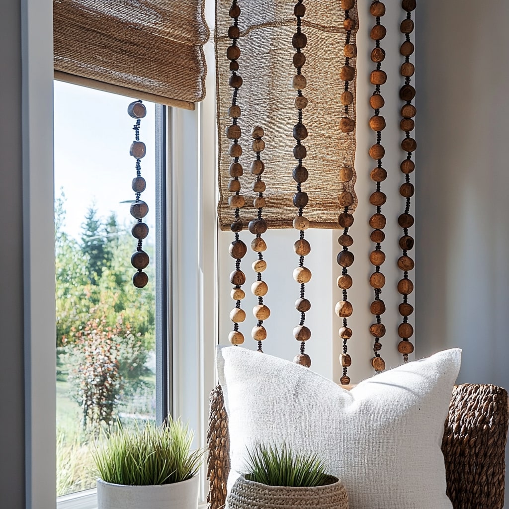 Wooden bead curtains with bamboo shades and white accent pillows