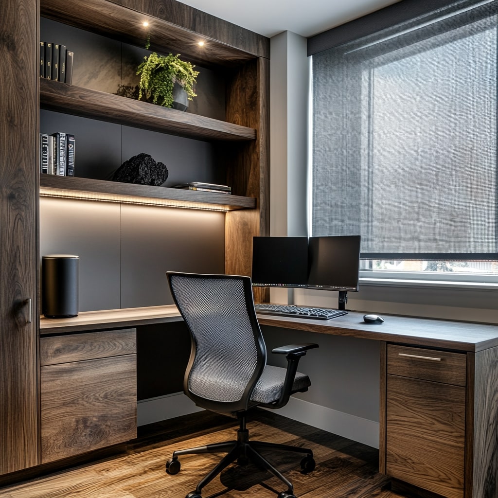 Modern home office with wood paneling built in shelving and ergonomic chair