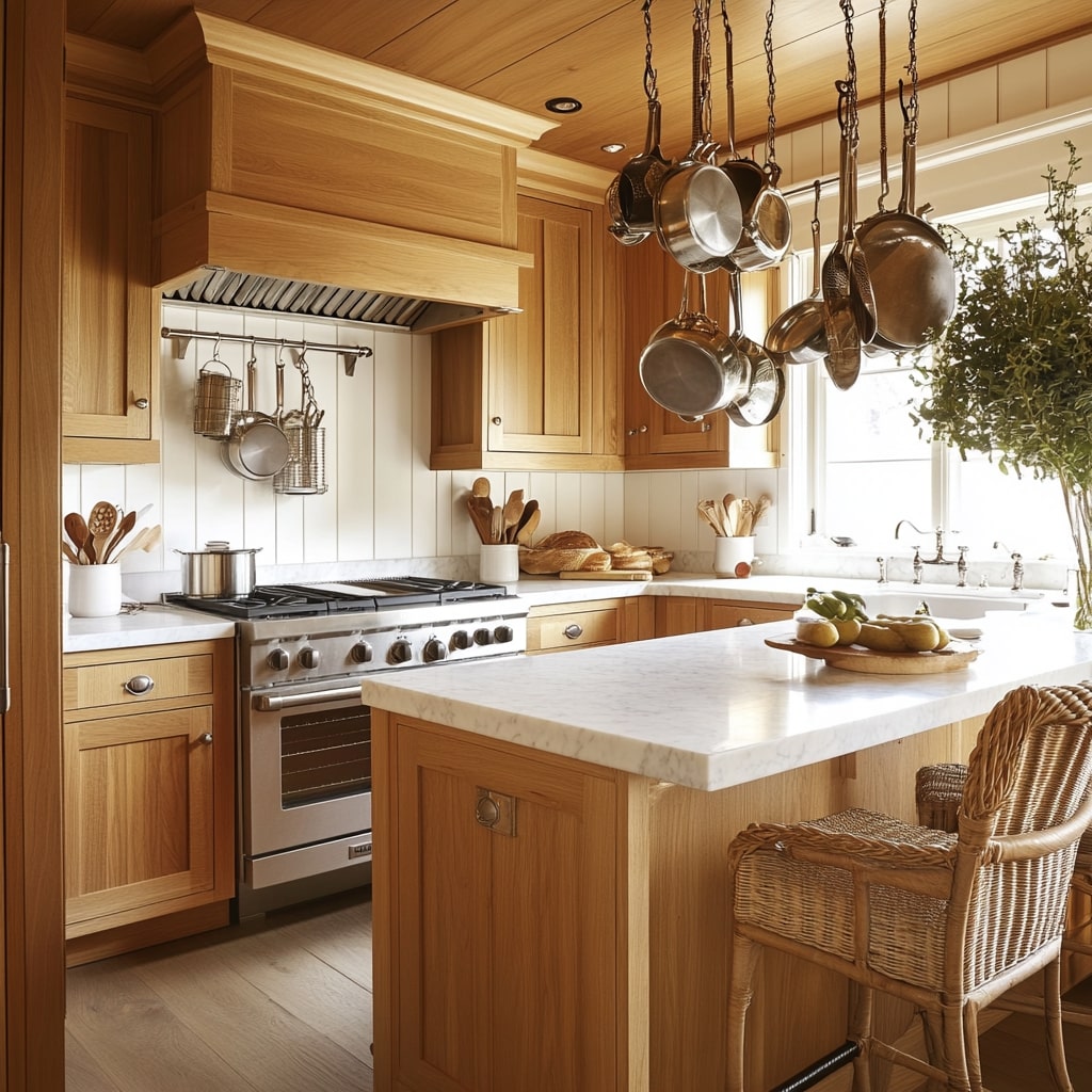 Wooden kitchen cabinets with hanging pots and professional stove