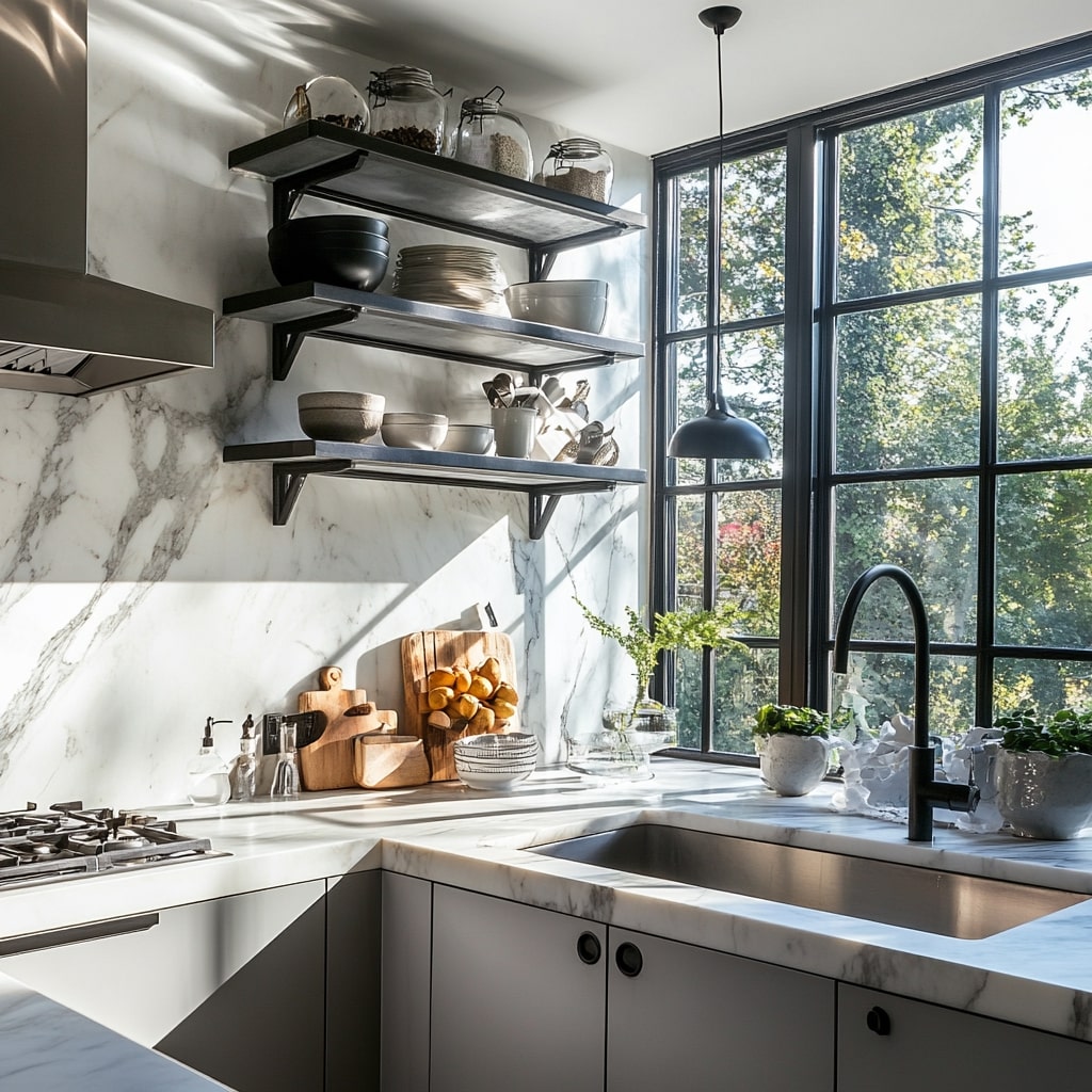 White kitchen with marble walls black shelves and large windows