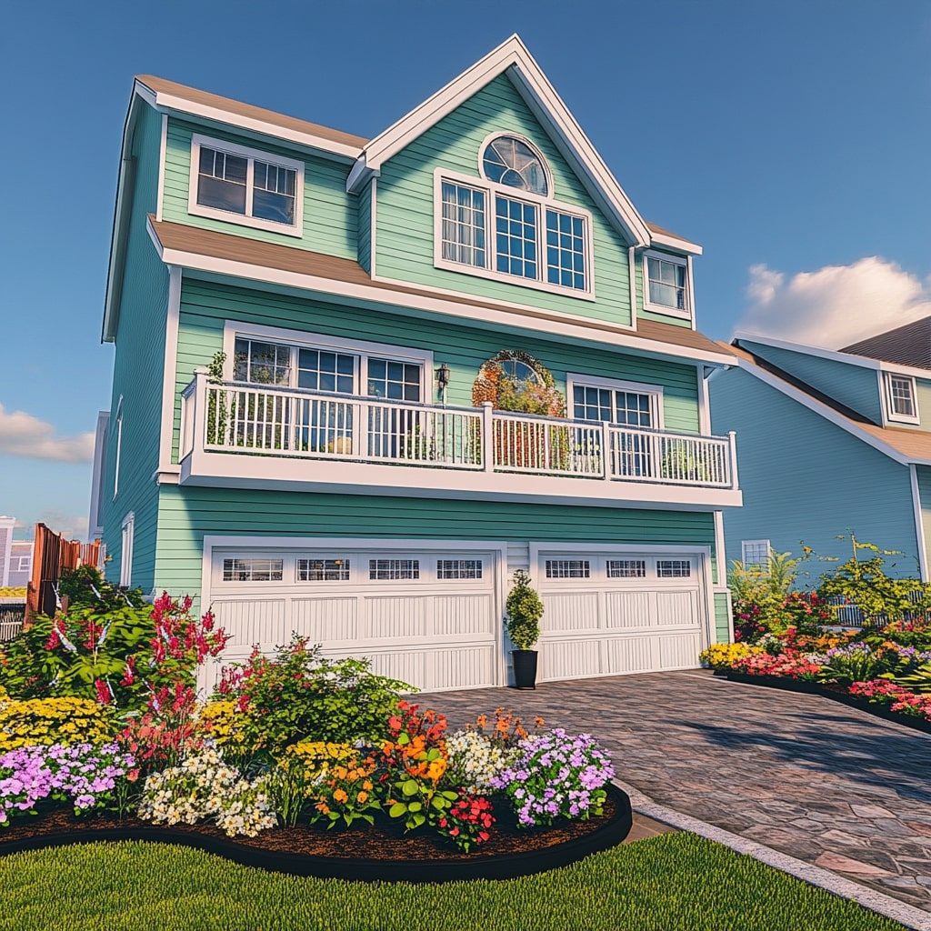 Three story mint green guest house with white balcony and curved garden beds