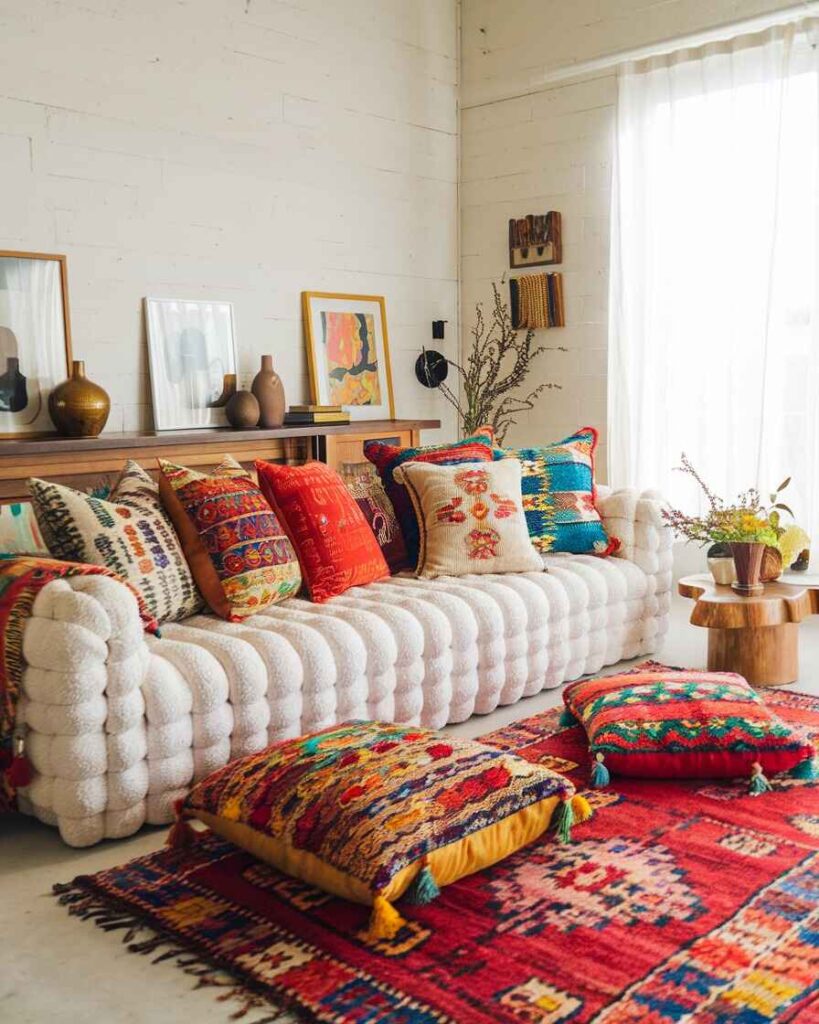  White tufted sofa with colorful pillows floor cushions and ethnic rug