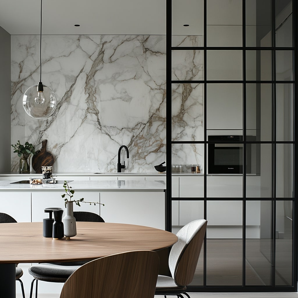 Modern kitchen with marble wall black frame partition and wooden dining set