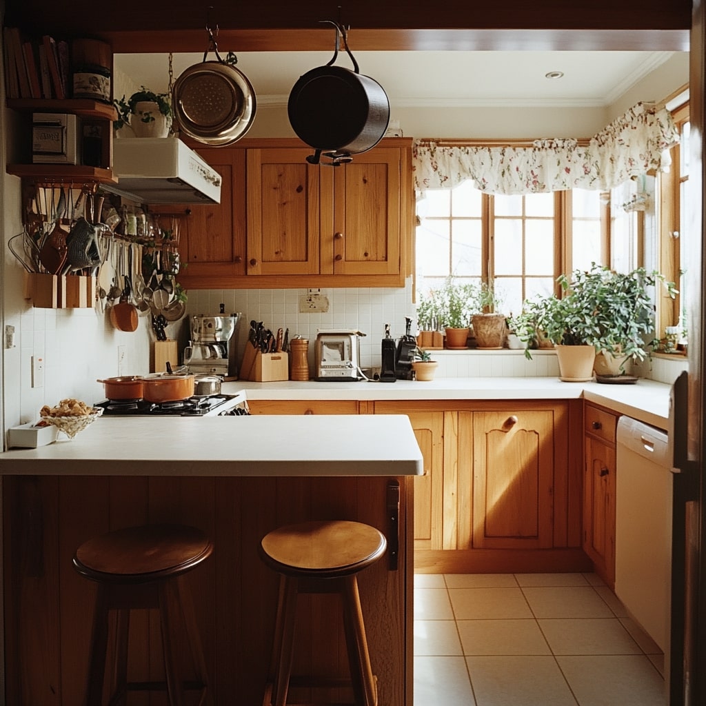 Wooden kitchen with hanging pots and window herb garden