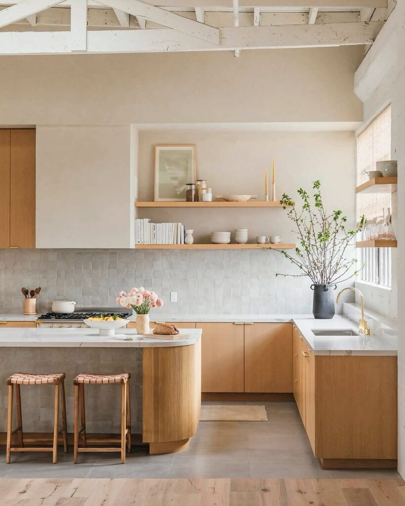 Kitchen featuring exposed beams and curved island with leather bar stools