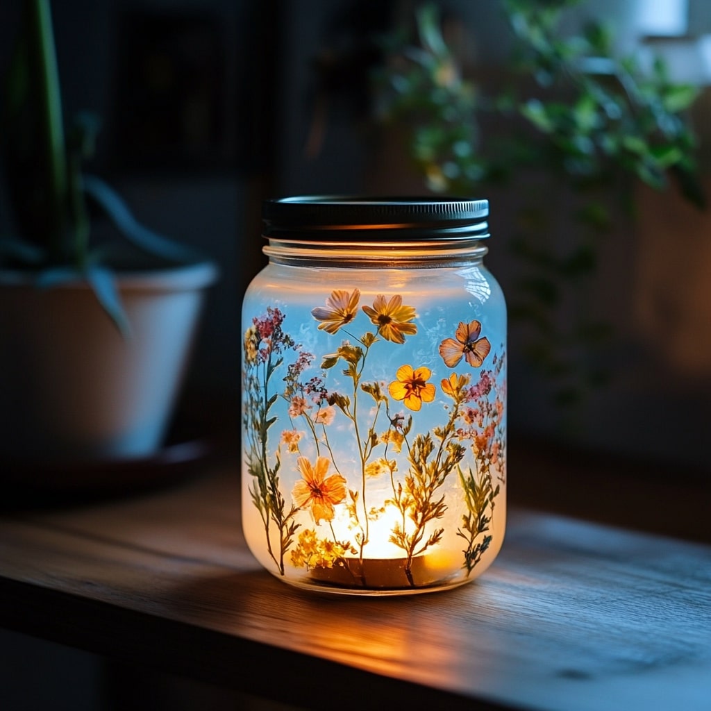 Mason jar lantern with pressed flowers glowing from within