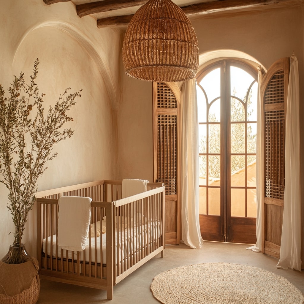  Mediterranean nursery with arched windows wooden crib and woven lighting