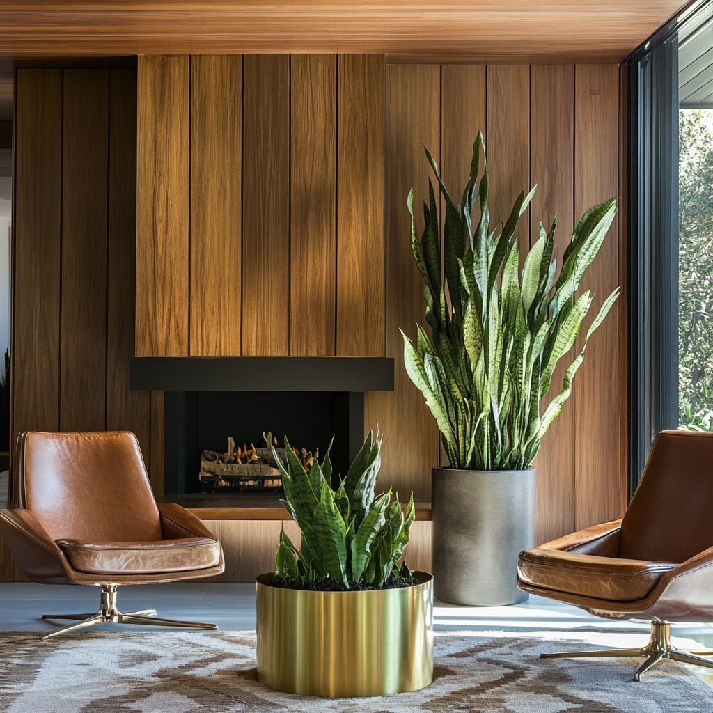 Wooden paneled fireplace with leather chairs and snake plants