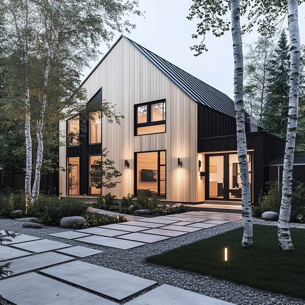 Modern wood and black house with geometric pavers and birch trees
