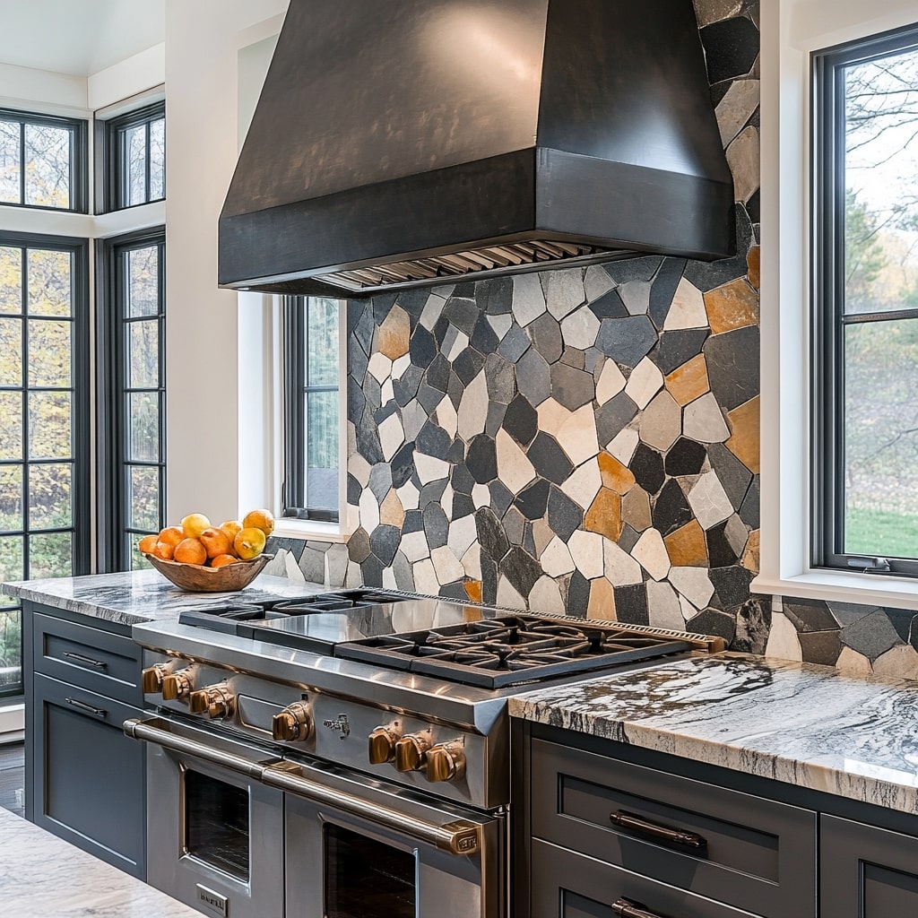  Dark kitchen with geometric stone backsplash and brass accents