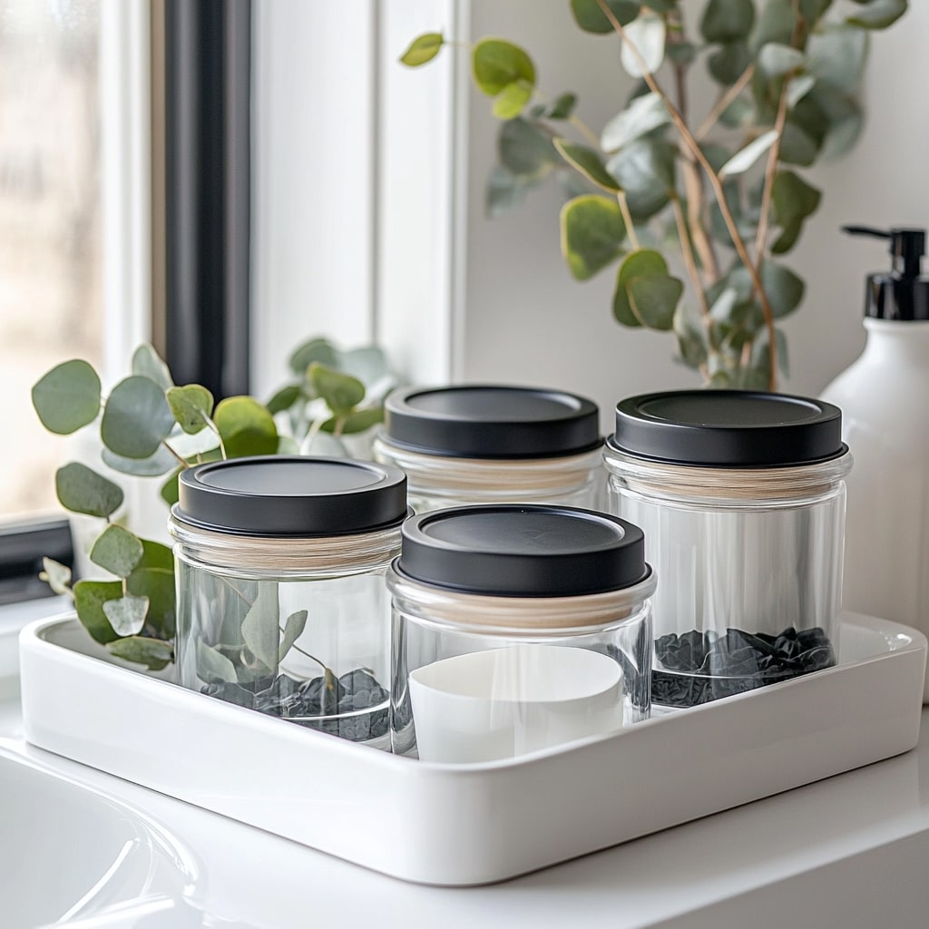 Glass storage jars with black lids on white tray with eucalyptus