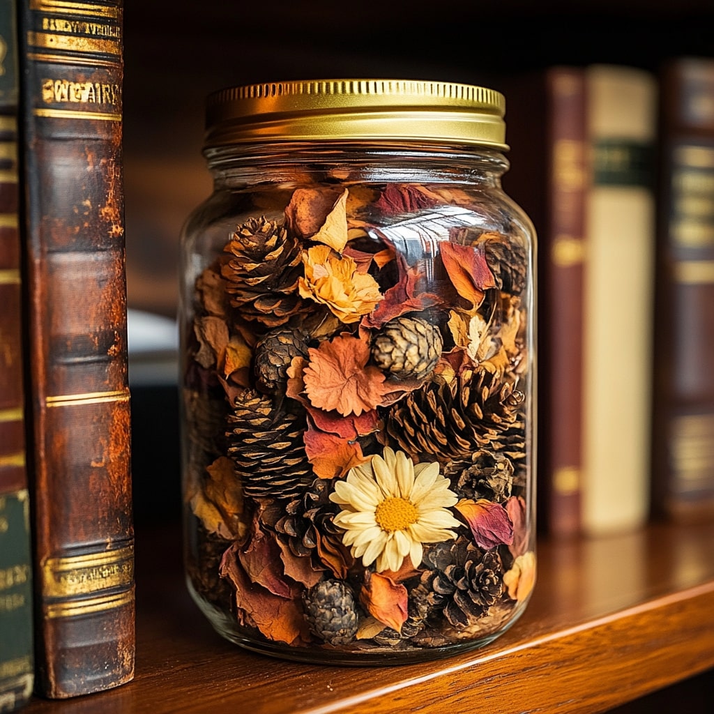 Mason jar filled with dried flowers pinecones and autumn botanicals