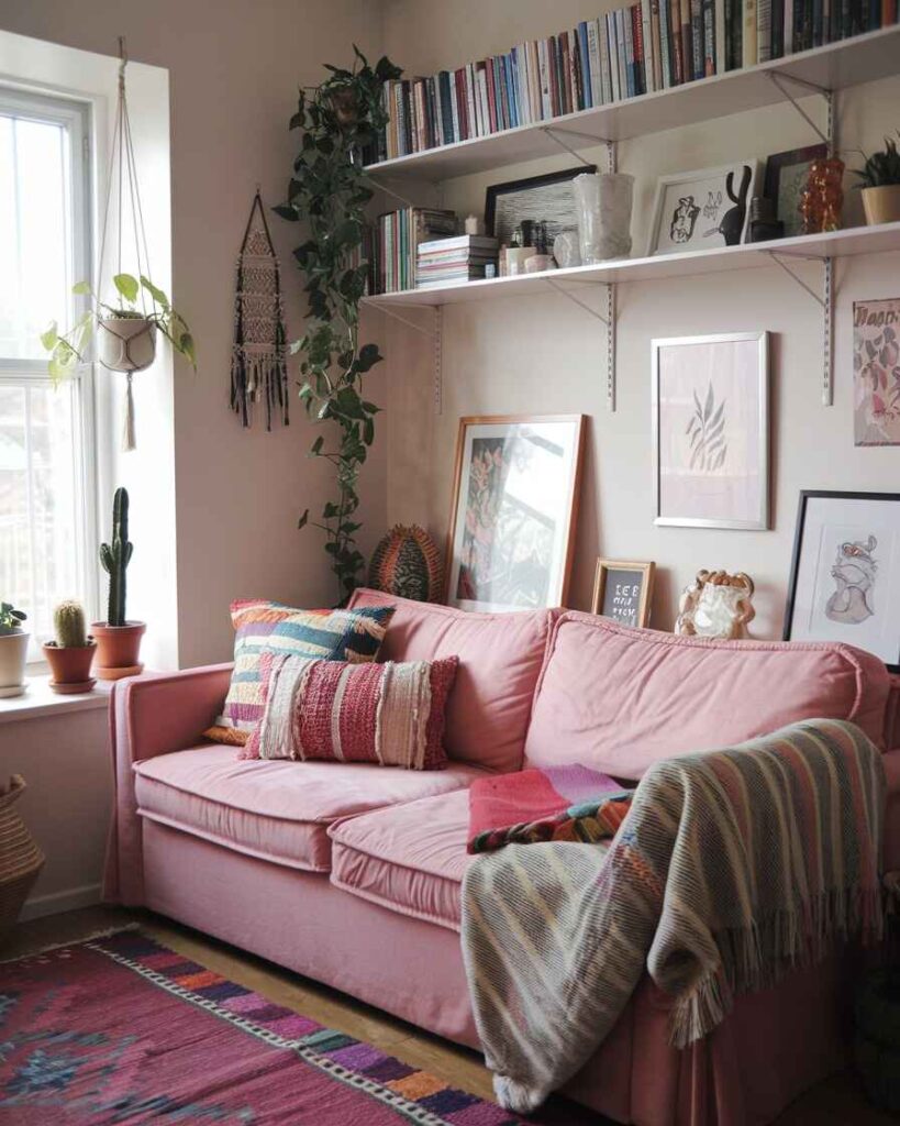 Pink sofa with floating shelves hanging plants and vintage rug