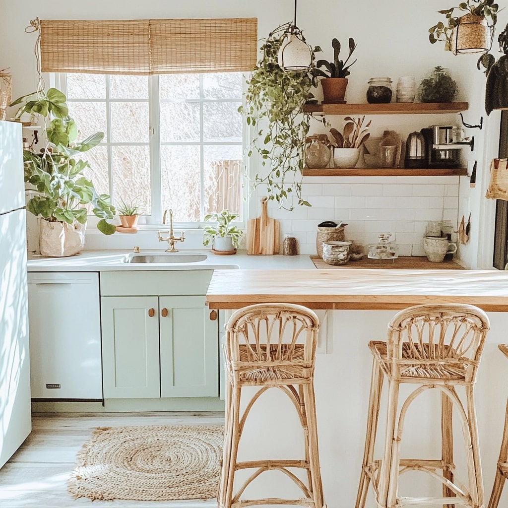 Mint green kitchen with rattan chairs and hanging plants