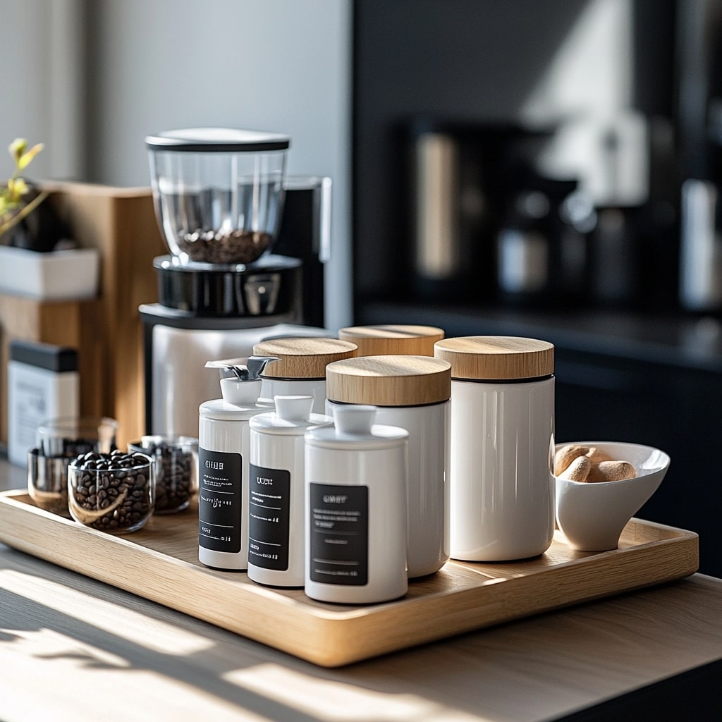 Modern coffee station with white canisters wooden lids and coffee grinder