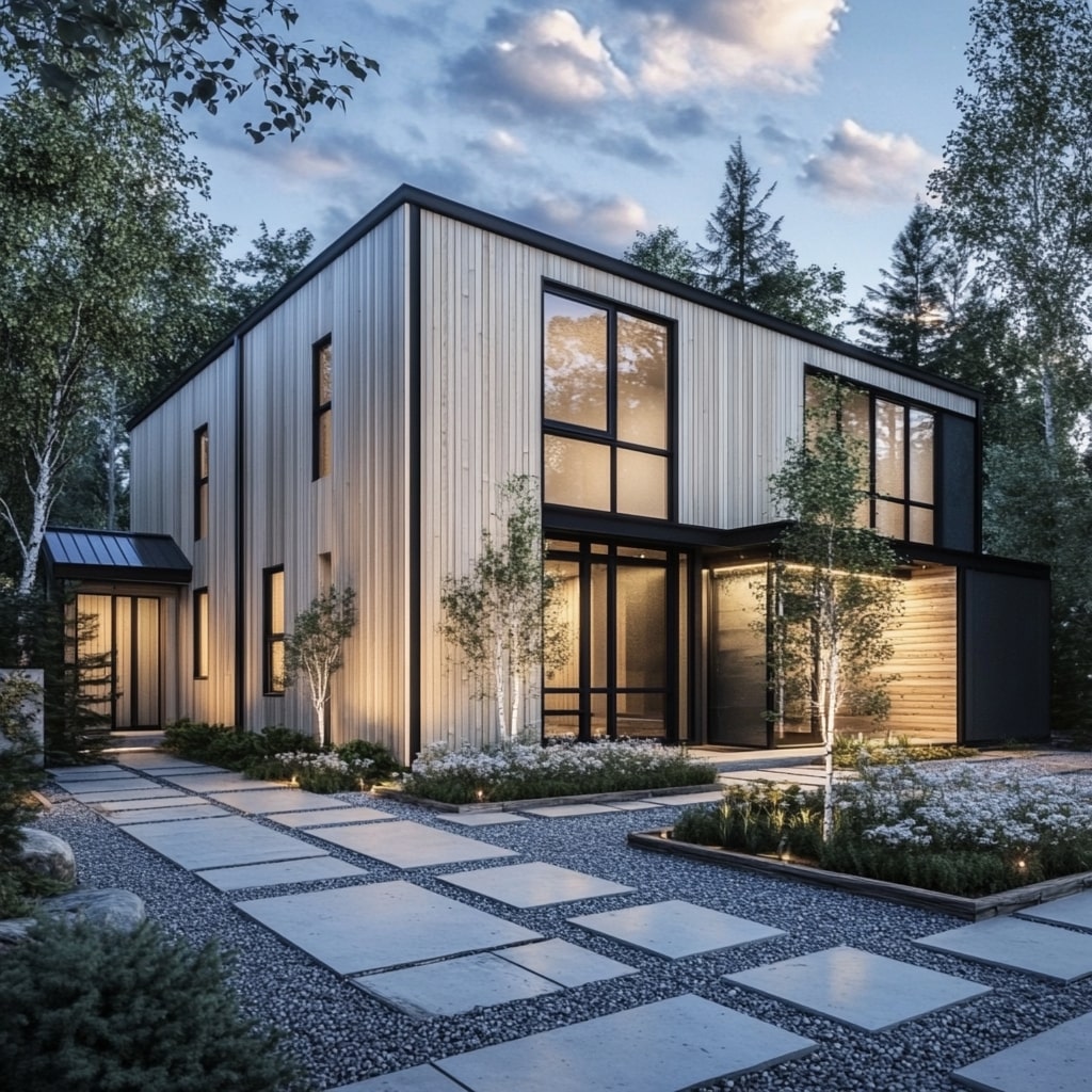 Modern wood house with black trim geometric pavers and white gardens