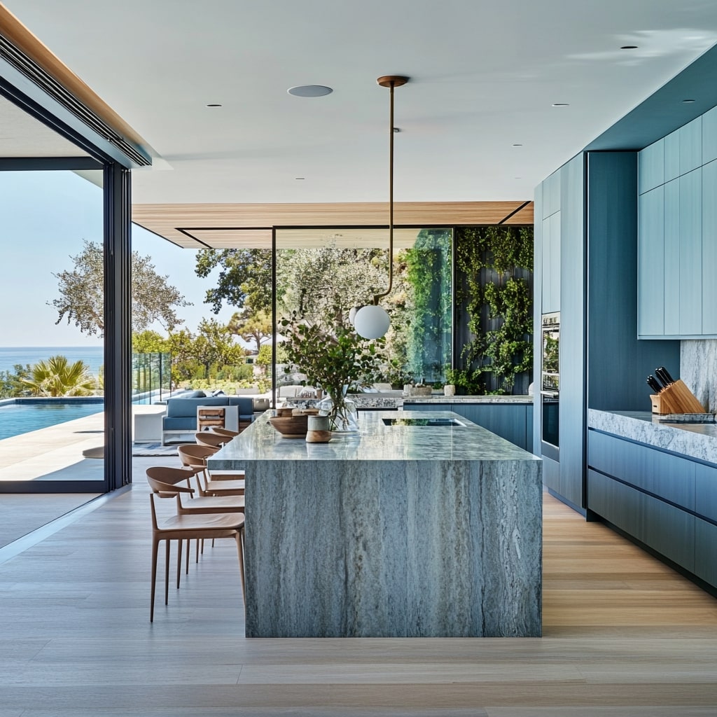 Modern blue kitchen with ocean views marble island and wooden ceiling