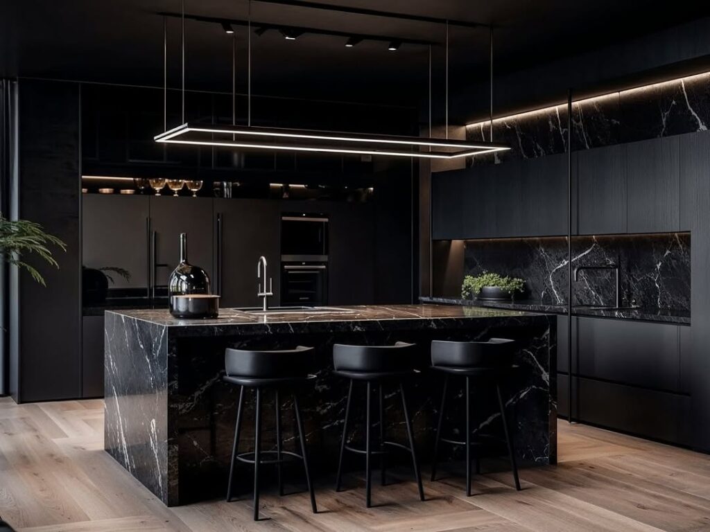 Black modern kitchen with marble waterfall island