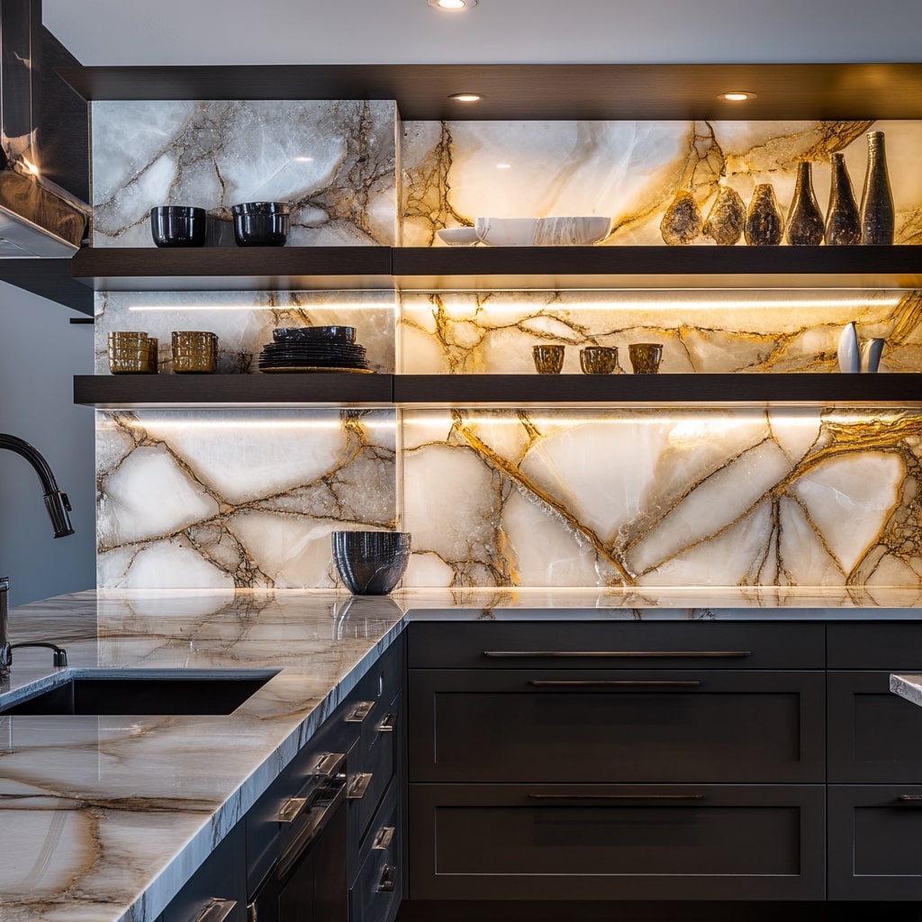 Black kitchen with illuminated stone backsplash and floating shelves