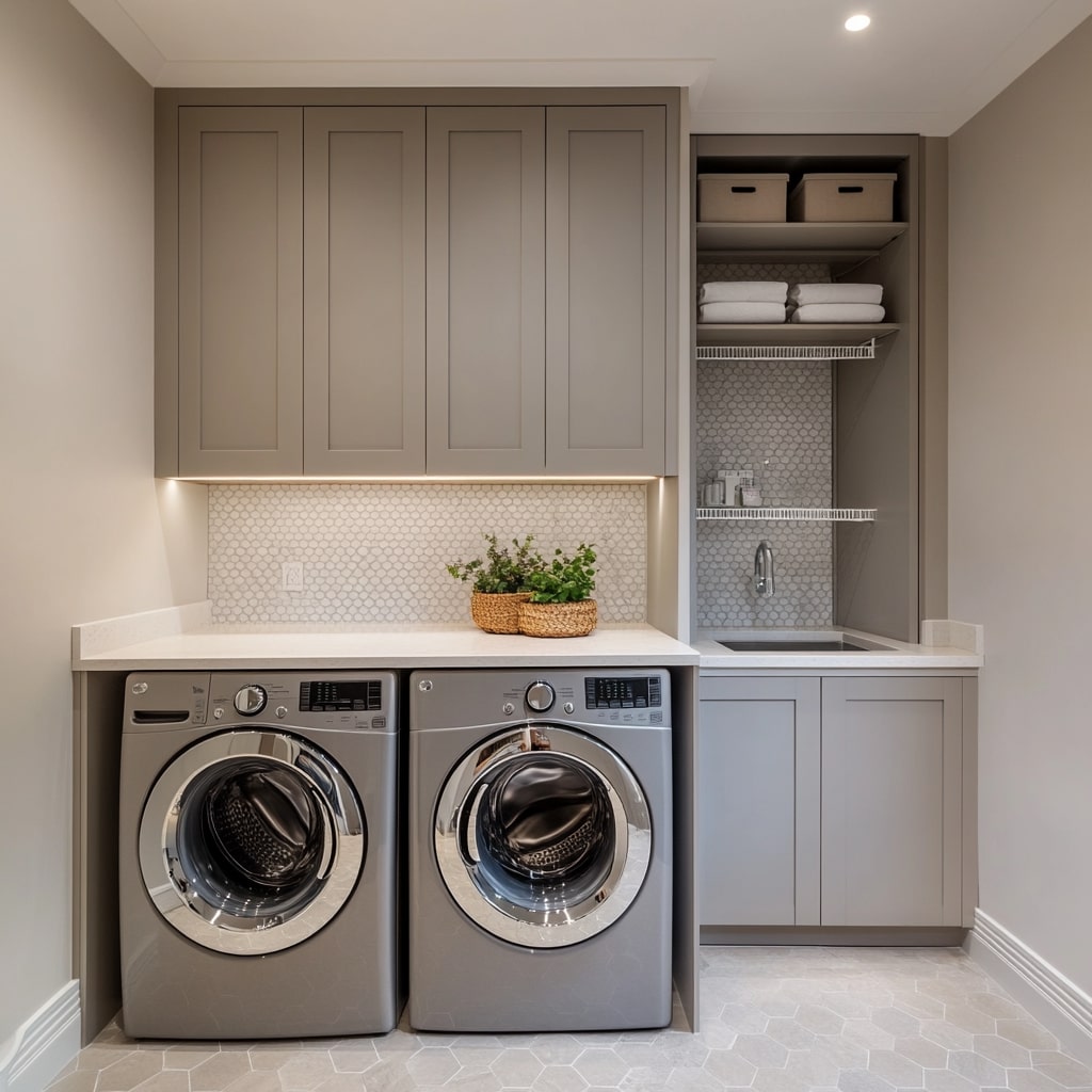 Gray laundry room with custom cabinets hexagon tile flooring and modern appliances