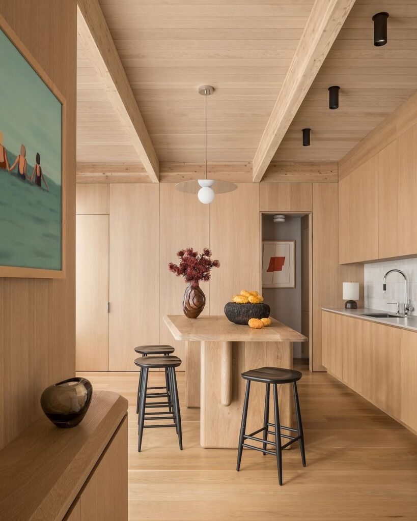 Kitchen with wooden walls and modern pendant lighting