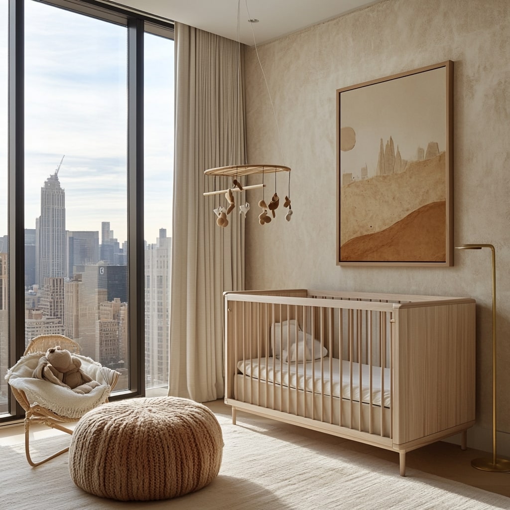 Modern city nursery with skyline views wooden crib and neutral decor