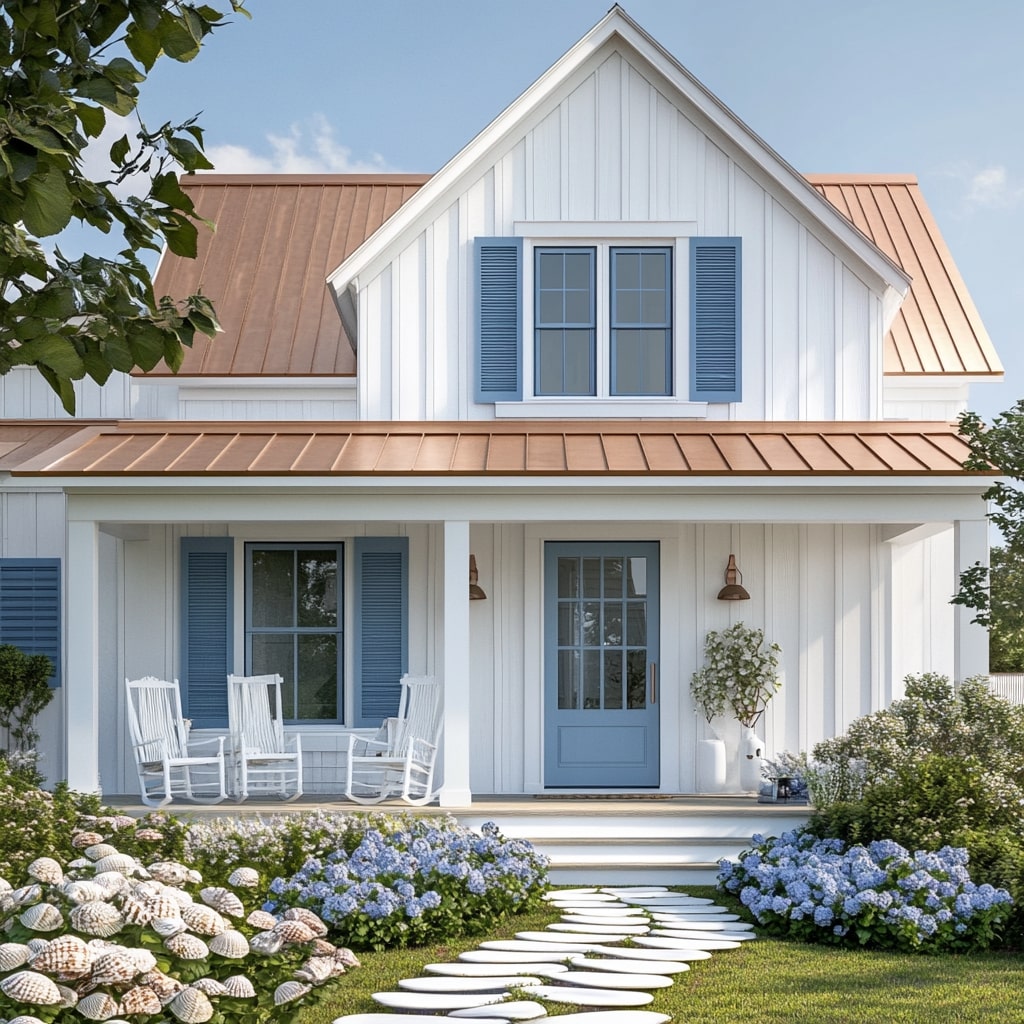 White farmhouse with blue shutters copper roof and hydrangea garden