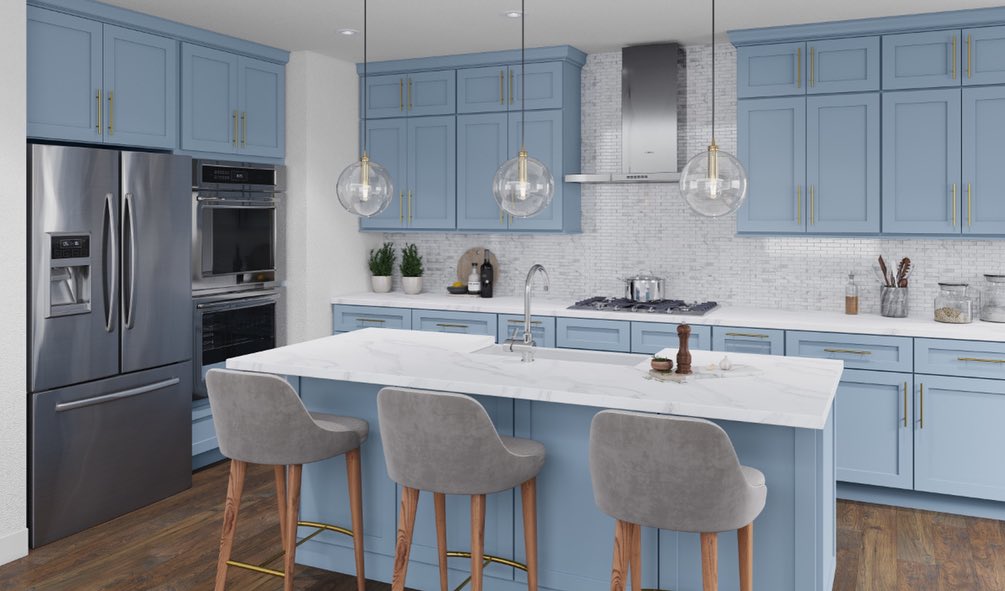 Modern kitchen featuring light blue cabinets grey barstools and glass pendant lights