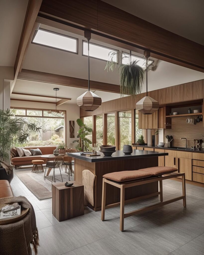 Open concept kitchen with wooden cabinets and geometric lighting