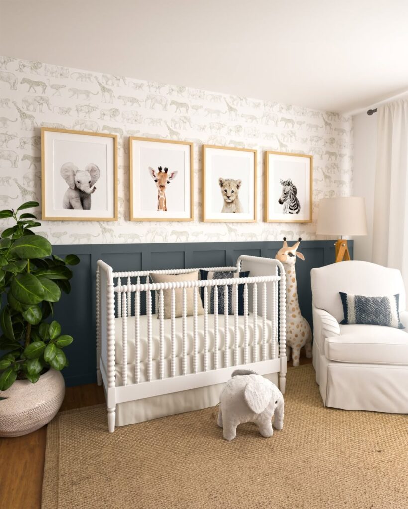 White crib against navy wall with safari animal prints