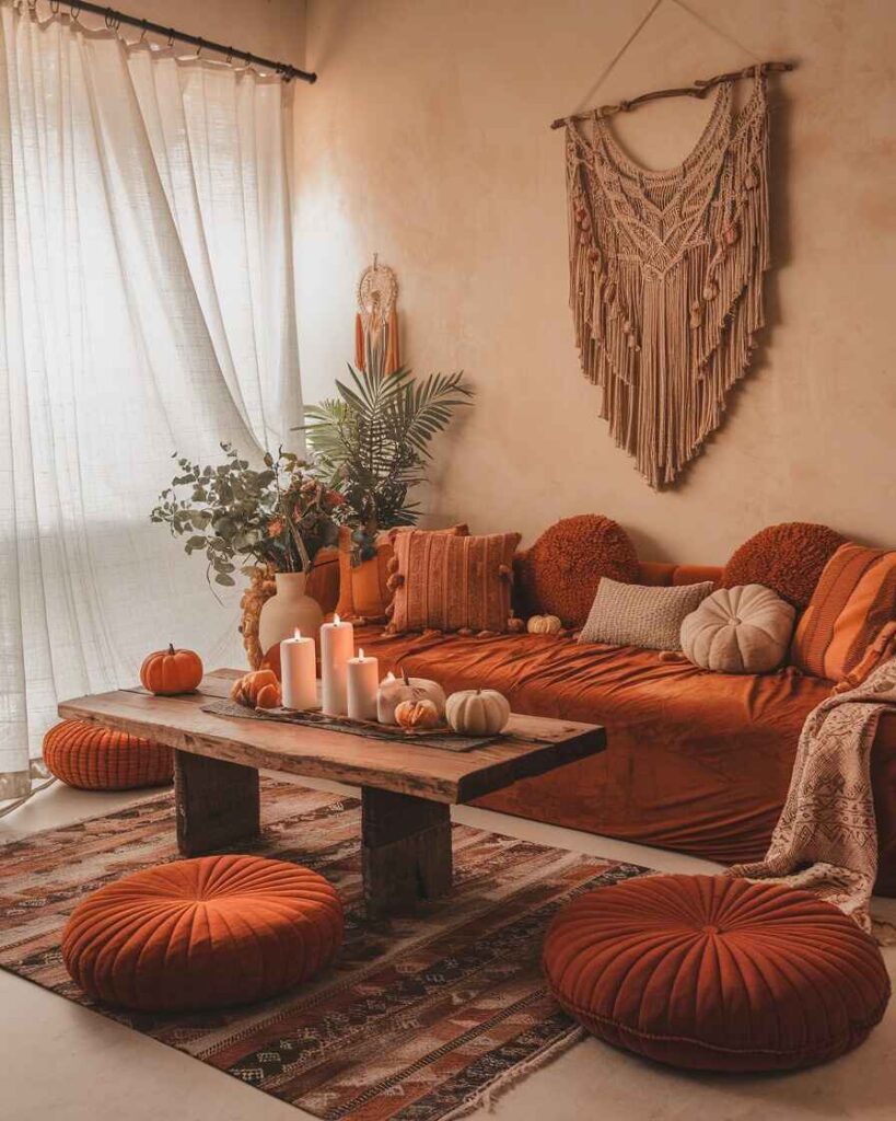 Terracotta floor cushions with white candles macrame art and autumn decor