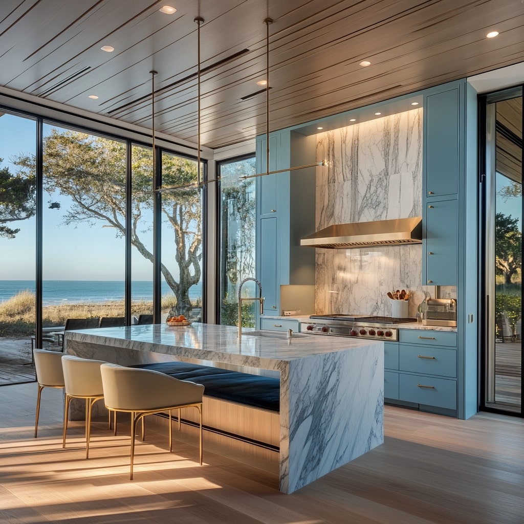 Oceanfront blue kitchen with marble waterfall island and floor to ceiling windows