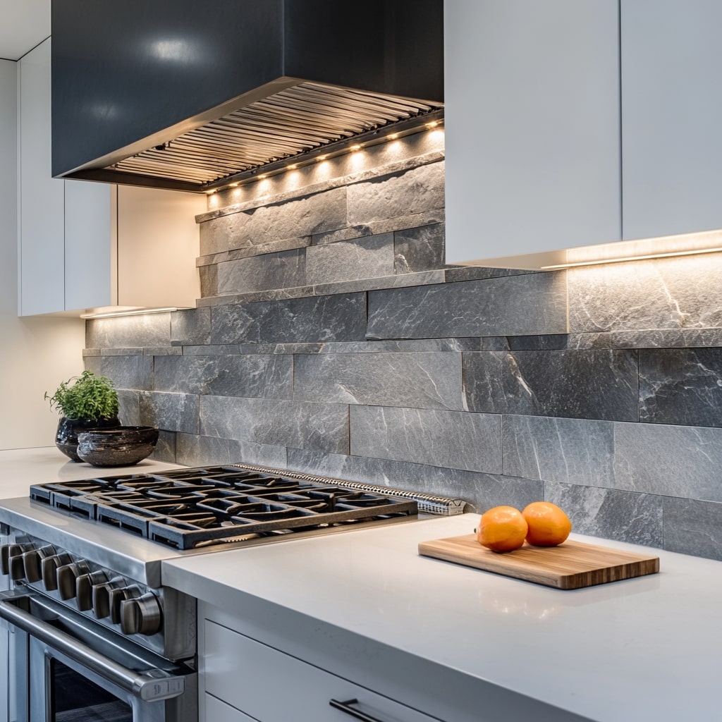 Grey and white kitchen with stacked stone backsplash and modern appliances