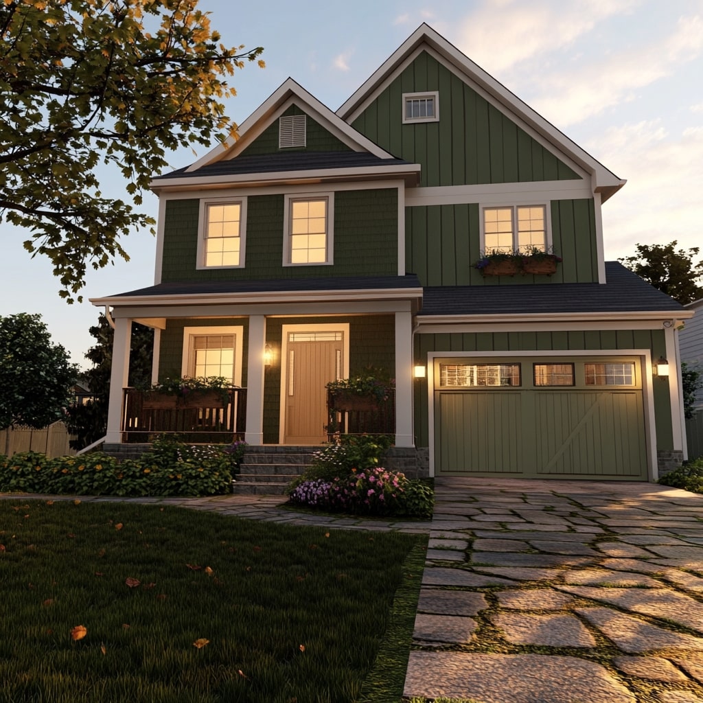Dark green farmhouse with white trim stone pathway and flower gardens