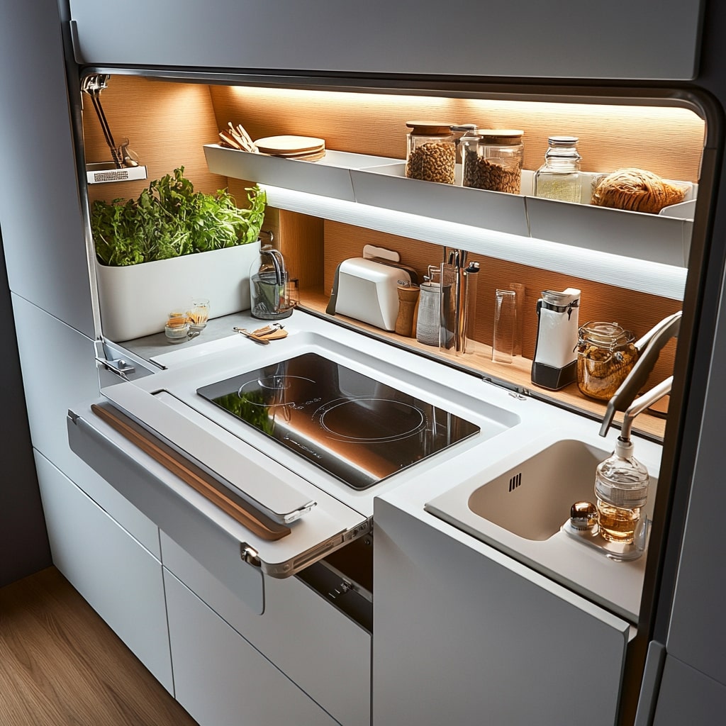 Modern compact kitchen with hidden storage and wooden accents