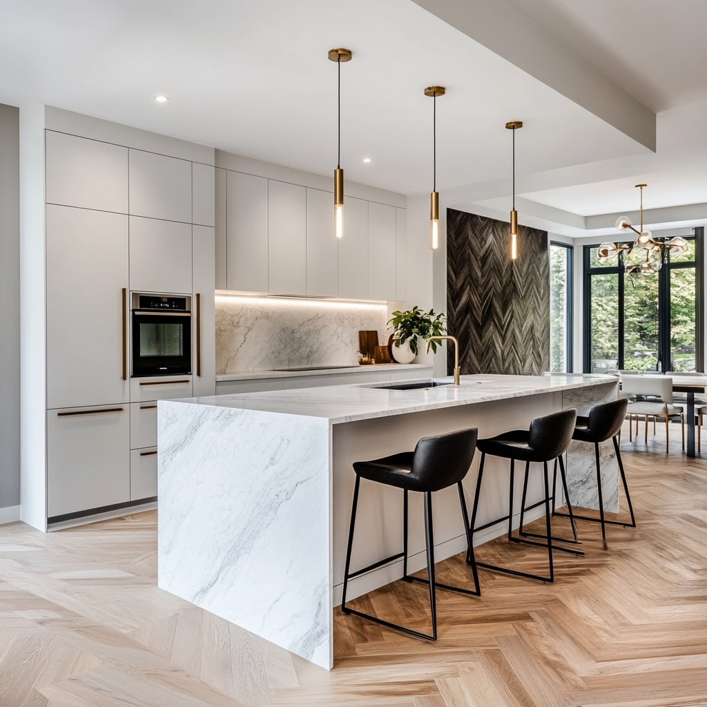 Modern white kitchen with marble island brass pendant lights and herringbone flooring