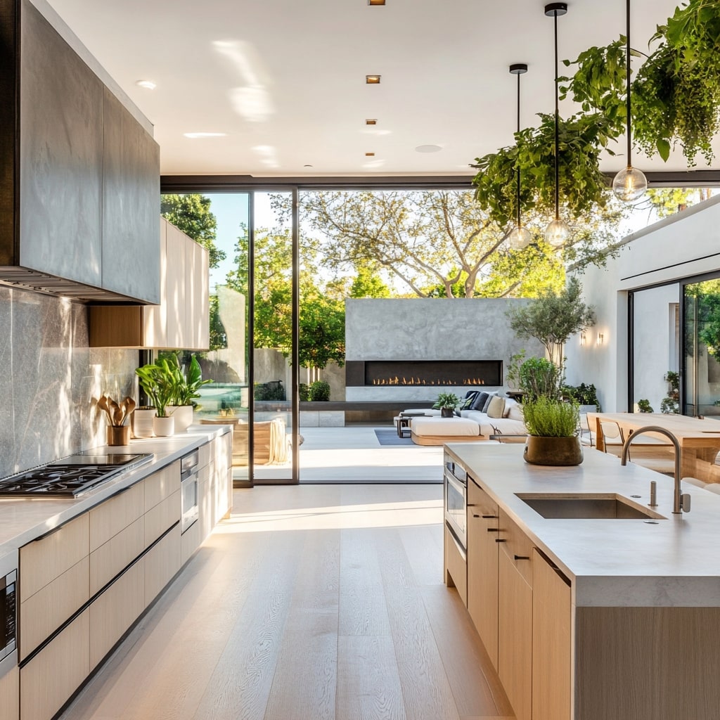 Bright kitchen with marble island black chairs and high ceilings