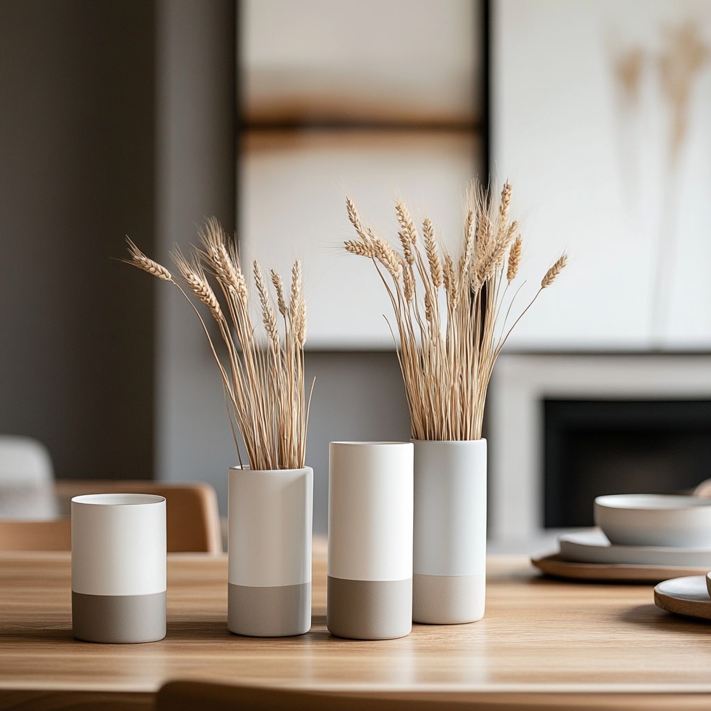  Two toned ceramic vases with dried wheat stems on wooden table