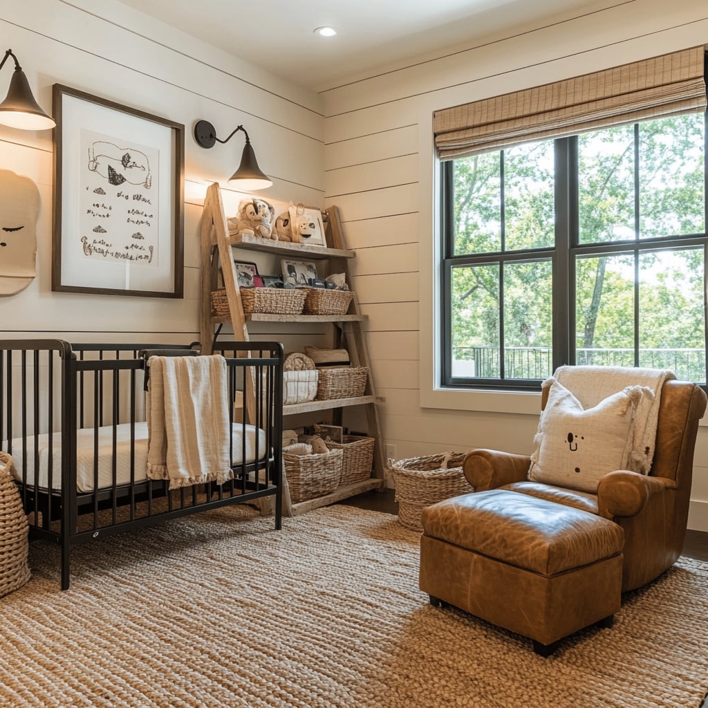 Farmhouse nursery with black crib leather chair and ladder shelf storage