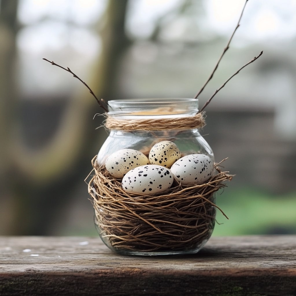  Mason jar with twine and speckled eggs in twig nest