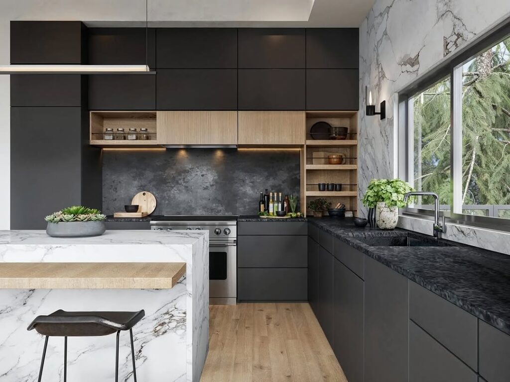 Minimalist kitchen with black cabinets and marble features