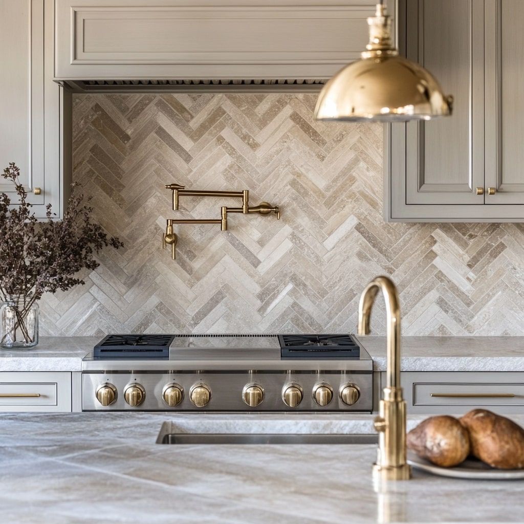 Grey kitchen with herringbone stone backsplash and brass fixtures