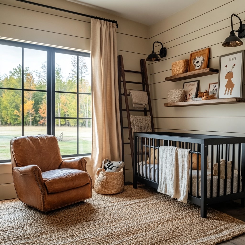  Modern farmhouse nursery with black crib leather chair and shiplap walls