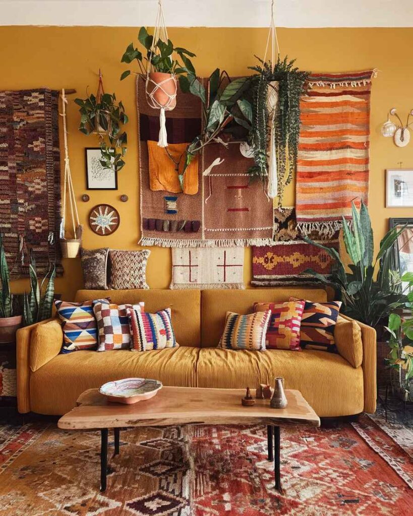 Mustard sofa with textile wall hangings hanging plants and wooden coffee table